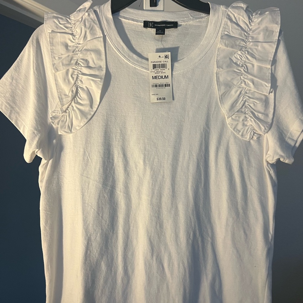 INC International Concepts White Ruffle Sleeve Tee